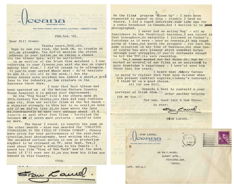 Stan Laurel Letter Signed Regarding His Academy Award, & Leaving 20th Century Fox -- ''...we were told if we did'nt like it, we knew where the Gate was...we quit after five films...''